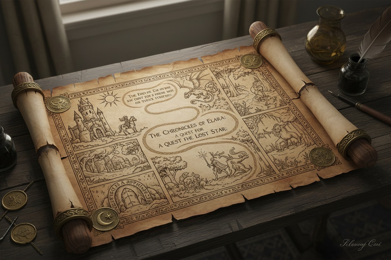 En upprullad pergamentkarta med tecknade illustrationer, slott och text ligger på ett träbord bredvid ett bläckhorn och fjäderpenna.