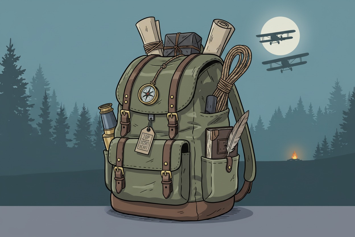 En illustration av en grön äventyrsryggsäck fylld med kartor, kikare och skrivredskap mot en bakgrund av granar i skymningen.